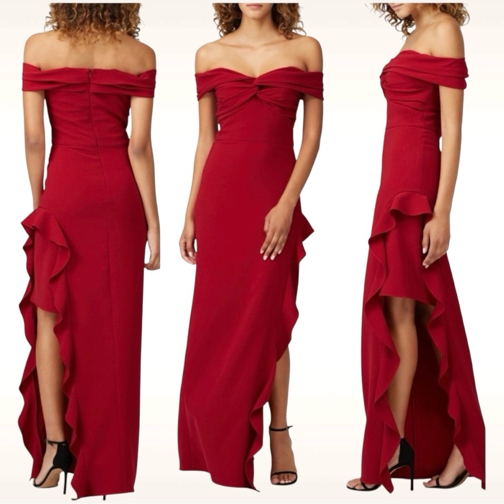 Shoshanna Midnight Solid Redd Wells Off the Shoulder Ruffle Cocktail Gown Size 6 - Picture 2 of 14